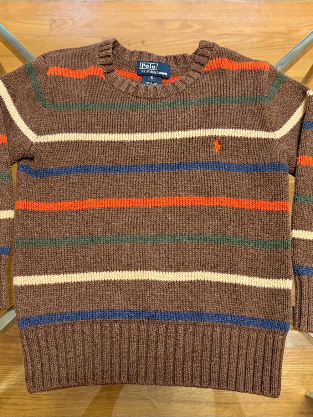 Ralph Lauren Brown Crewneck Sweater with Orange, Blue & Cream Stripes